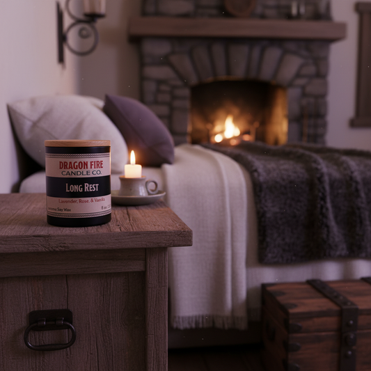 Long Rest candle in medieval fantasy tavern setting