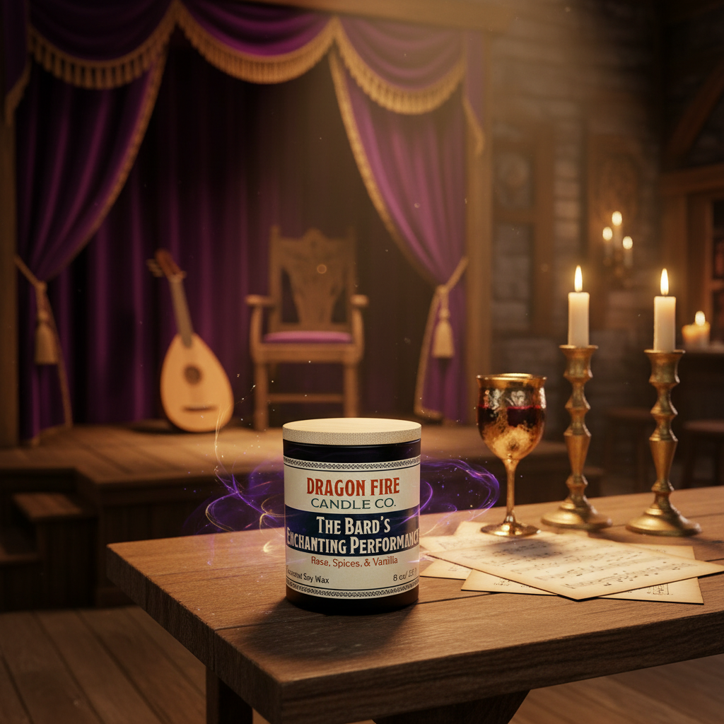 The Bard's Enchanting Performance candle in theatrical fantasy setting