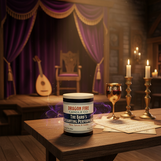 The Bard's Enchanting Performance candle in theatrical fantasy setting