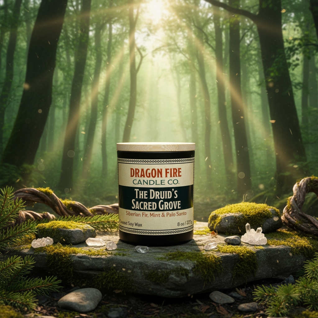 The Druid's Sacred Grove candle in enchanted forest setting