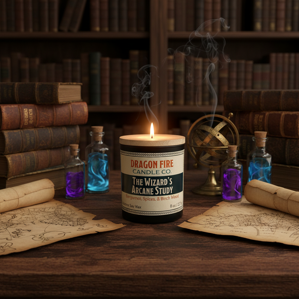 The Wizard's Arcane Study candle in mystical study setting